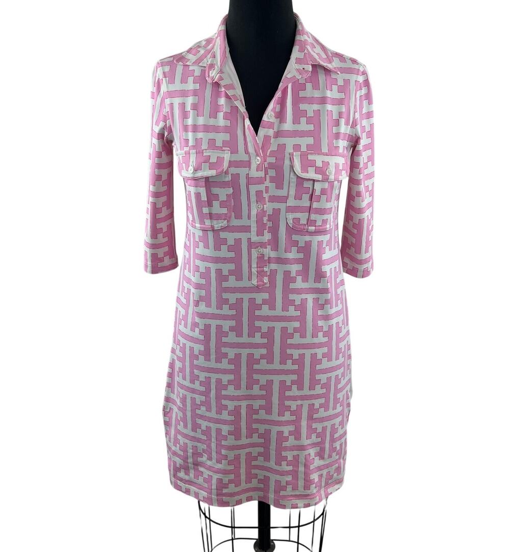 PERSIFOR White Pink Dress Stretch Geometric Collared 3/4 Sleeve Size X-Small XS